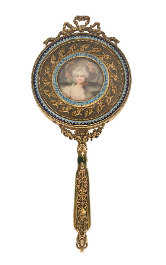 A Gilt Metal Enameled Hand Mirror