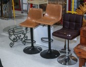 A GLASS TABLE, THREE BAR STOOL