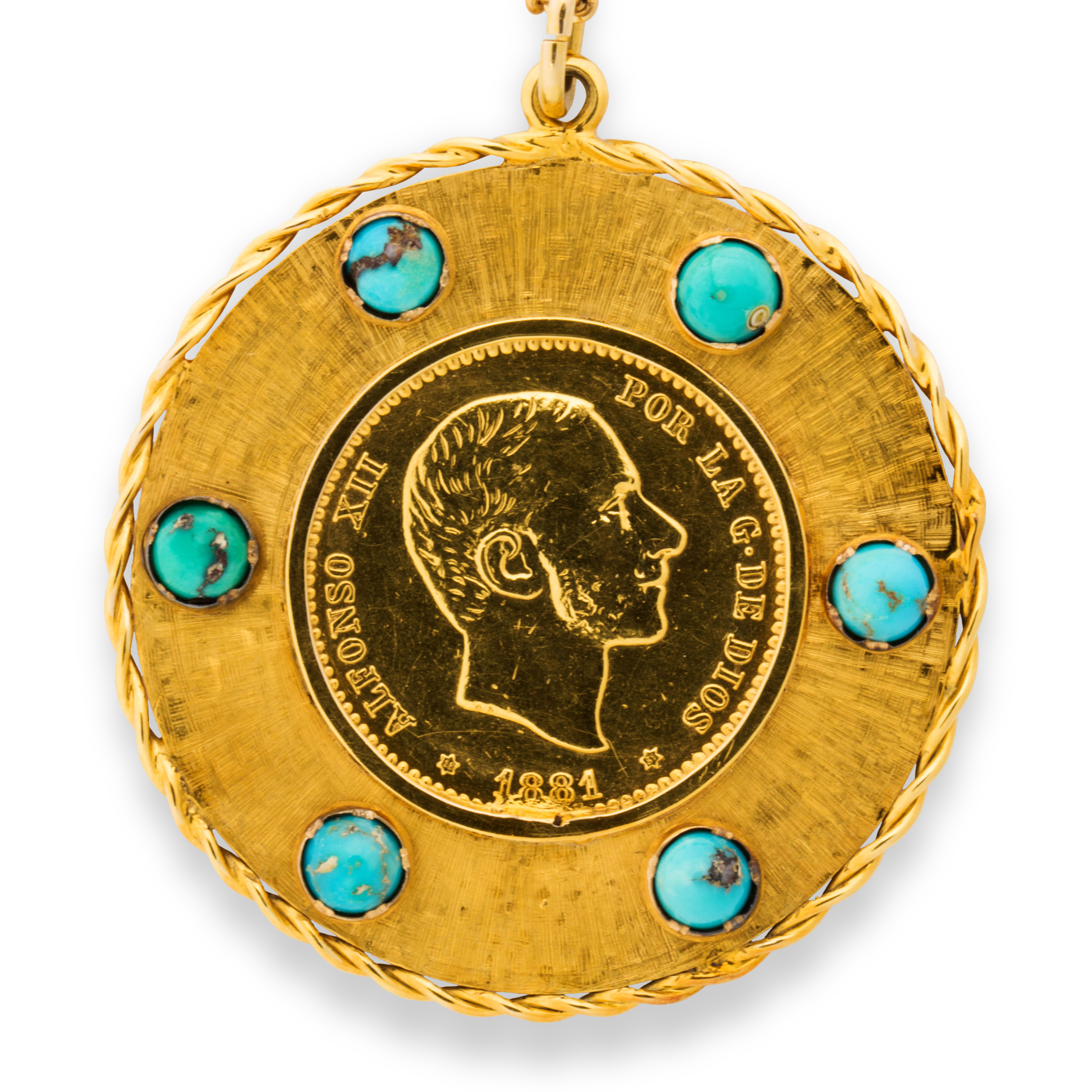 A GOLD COIN, TURQUOISE AND GOLD