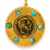 A GOLD COIN, TURQUOISE AND GOL