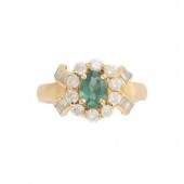 A GREEN GEMSTONE, DIAMOND AND