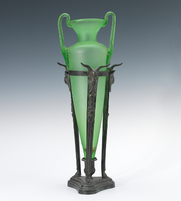 A Green Glass Vase in Holder