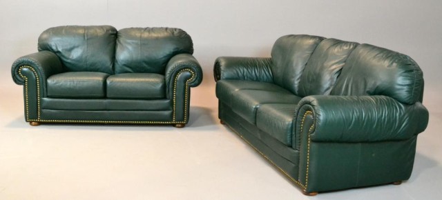 A Green Leather Sofa & Matching