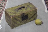 A GREEN PAINT DECORATED BOX AN