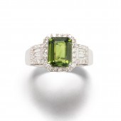 A GREEN SAPPHIRE, DIAMOND AND