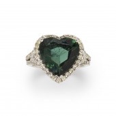 A GREEN TOURMALINE, DIAMOND AN