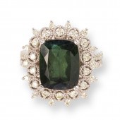A GREEN TOURMALINE, DIAMOND AN