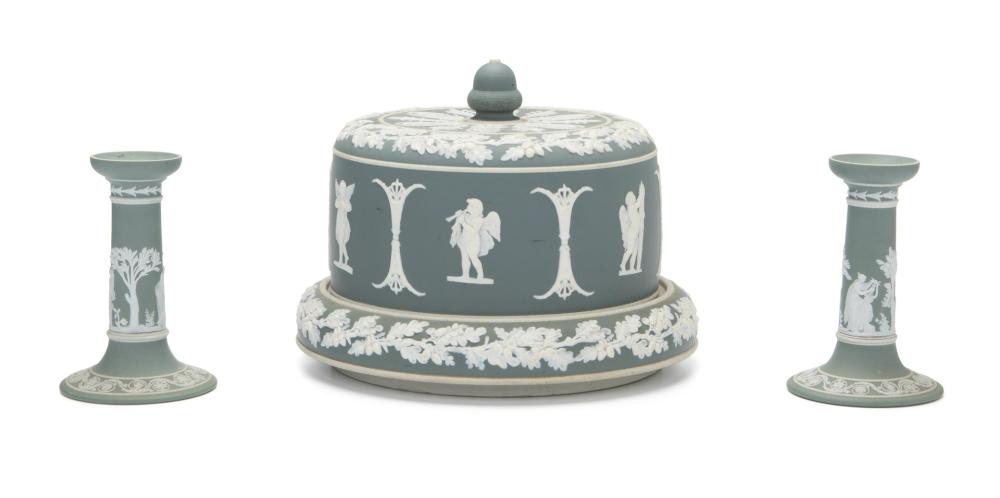 A GREEN WEDGWOOD-STYLE CHEESE