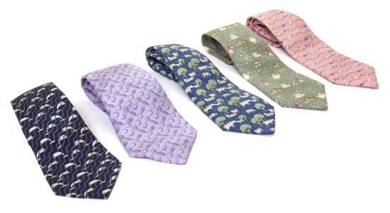 A Group of Five Hermes Silk Ties.