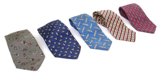 A Group of Five Hermes Silk Ties.