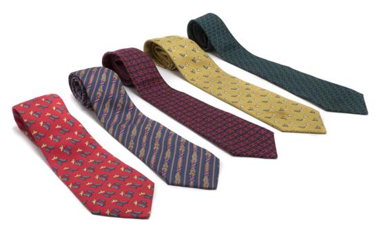 A Group of Five Hermes Silk Ties.