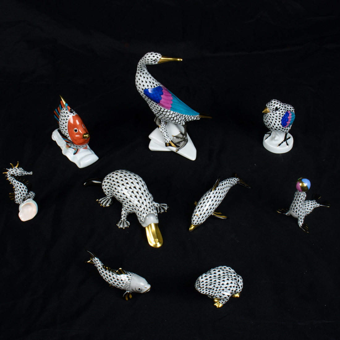 A GROUP OF NINE HEREND PORCELAIN