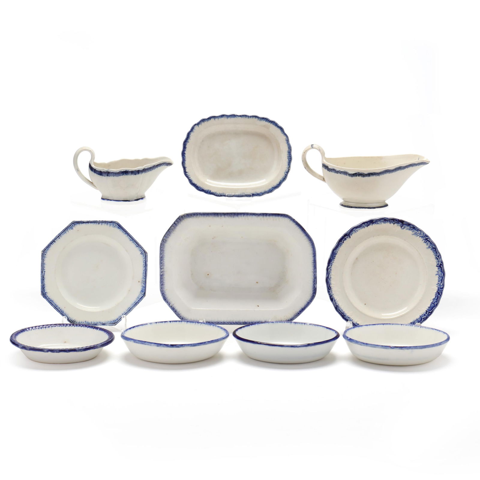 A GROUP OF PEARLWARE, TEN BLUE EDGE