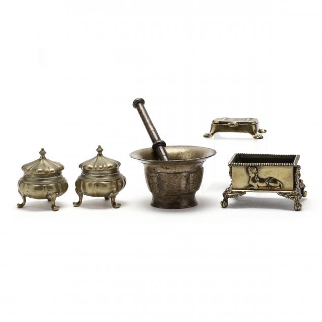 A GROUPING OF FIVE BRASS TABLE