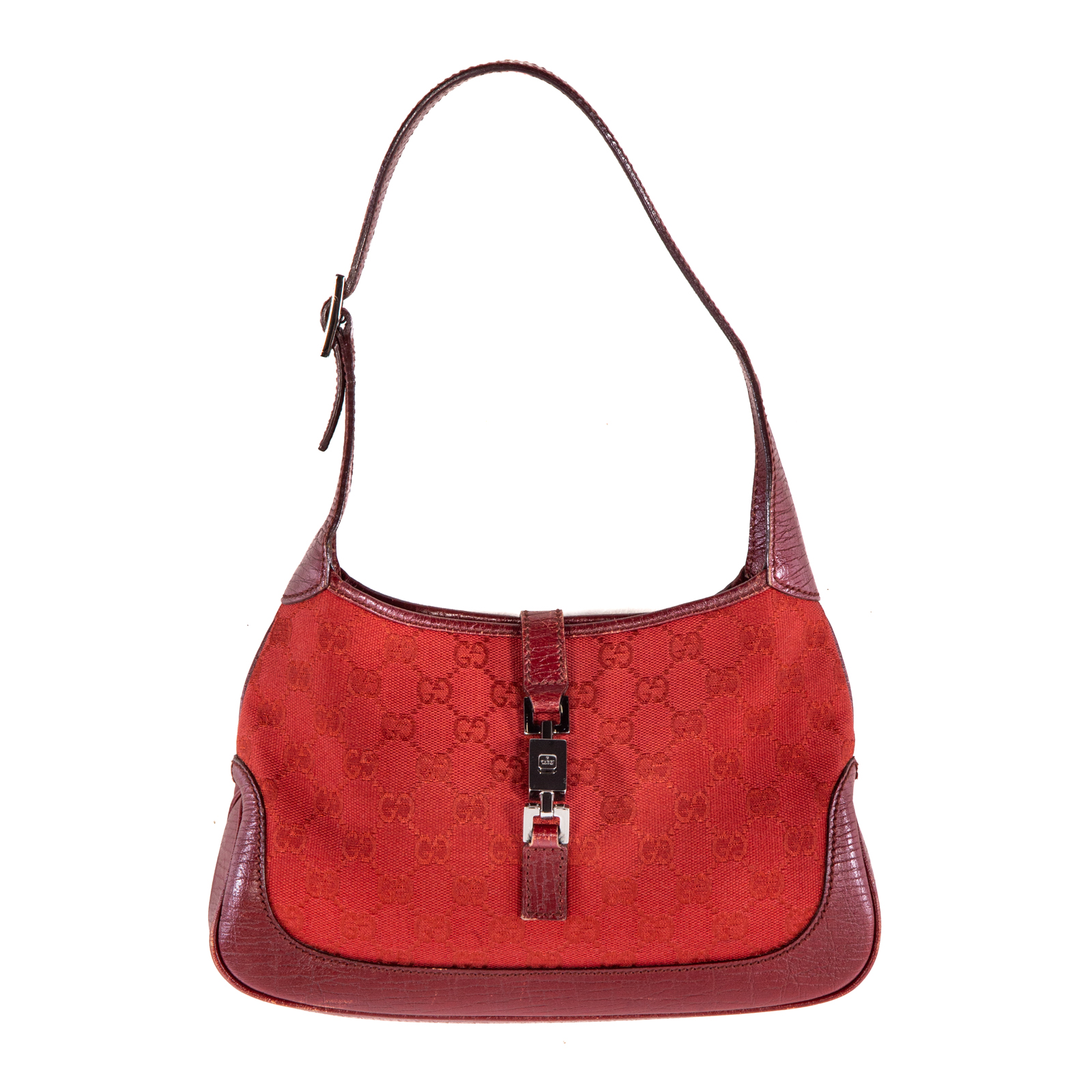 A GUCCI MONOGRAM JACKIE BAG A red