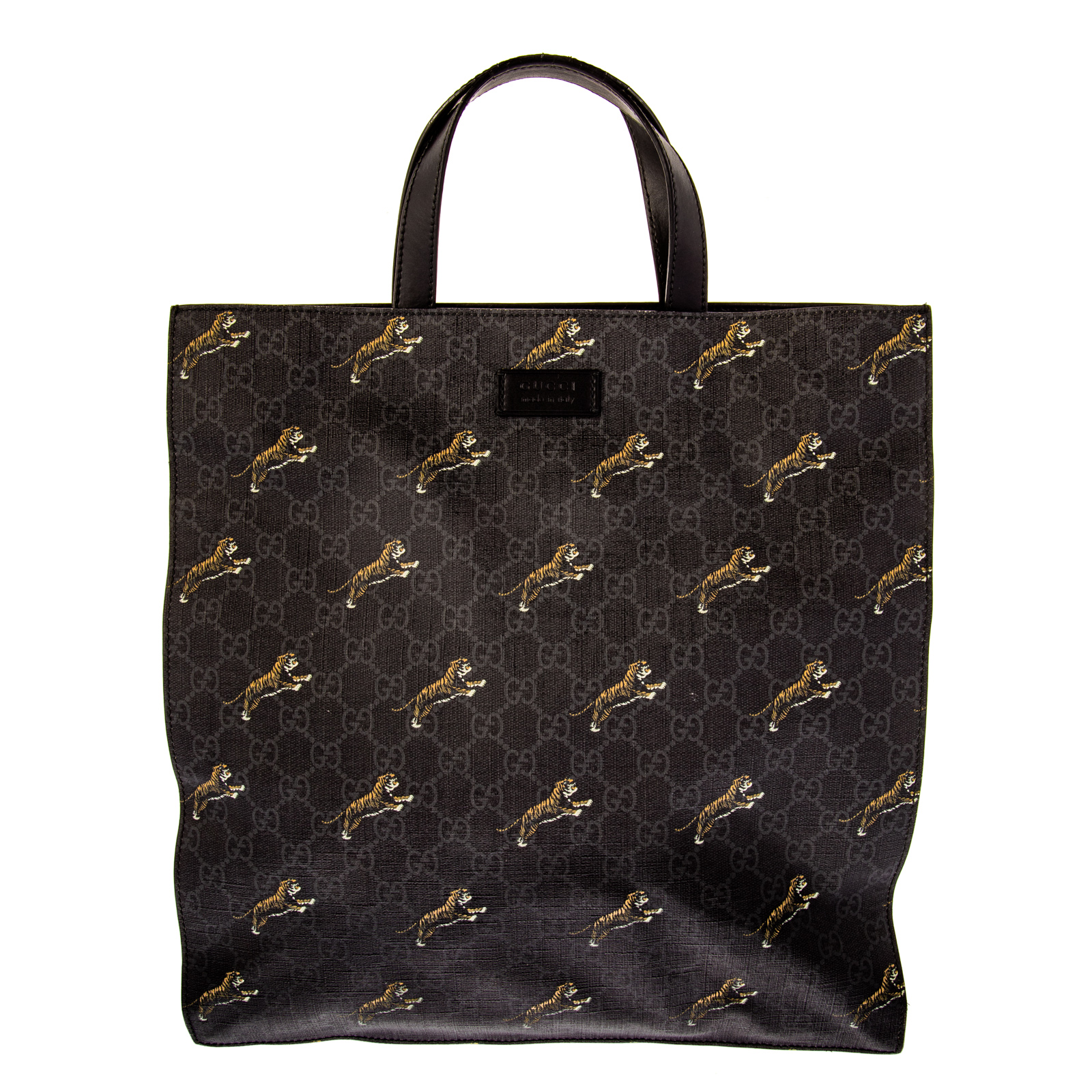 A GUCCI TIGER WEB TALL TOTE A black