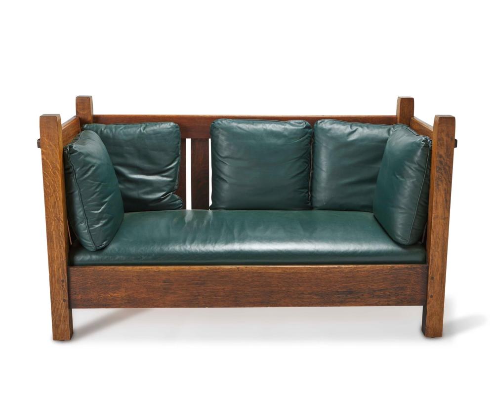A GUSTAV STICKLEY OAK SETTLE, NO.