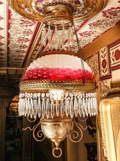 A HANGING LIBRARY LAMP WITH RU