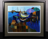 A HARBOR SCENE WITH FISHING VE