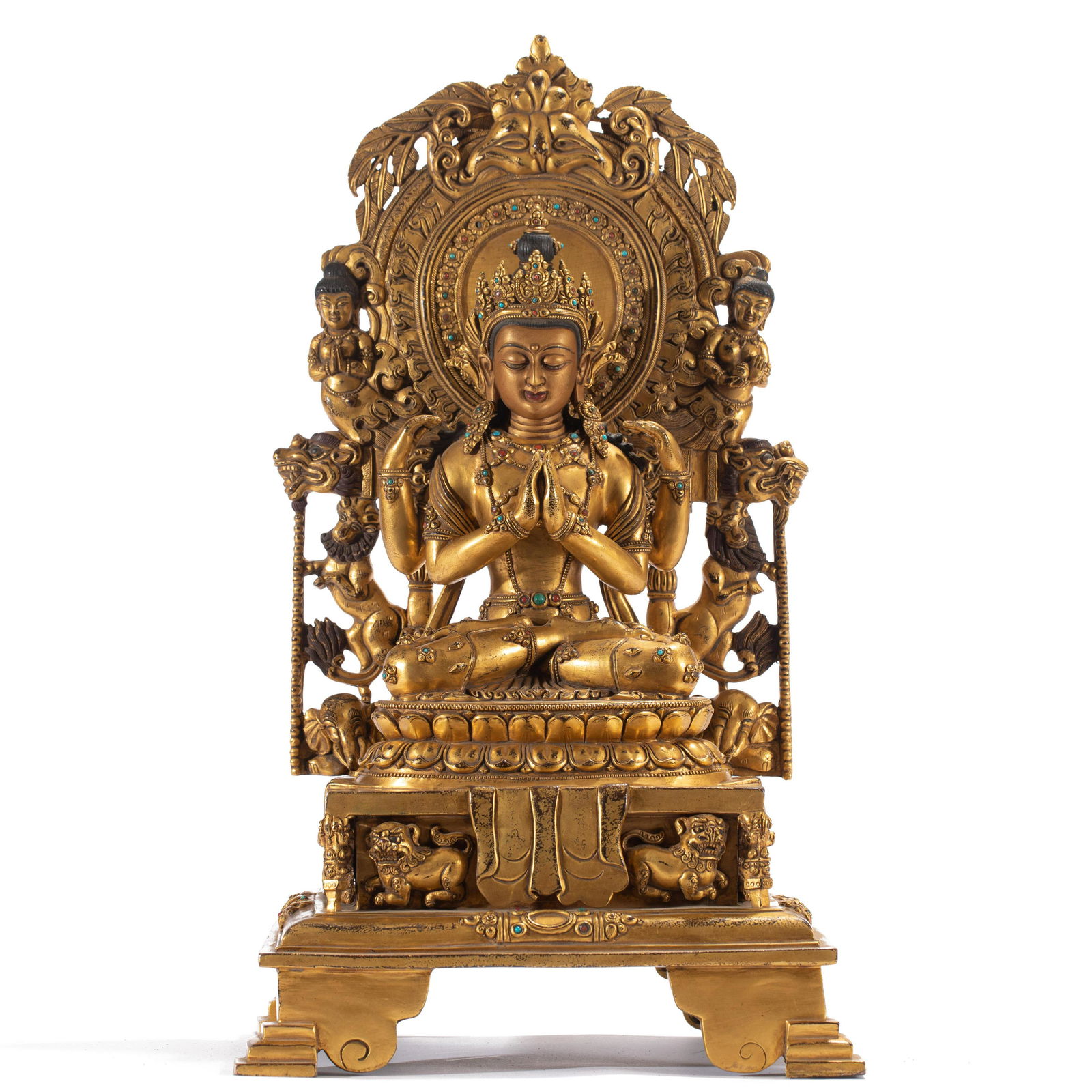 A HARDSTONES INLAID GILT BRONZE