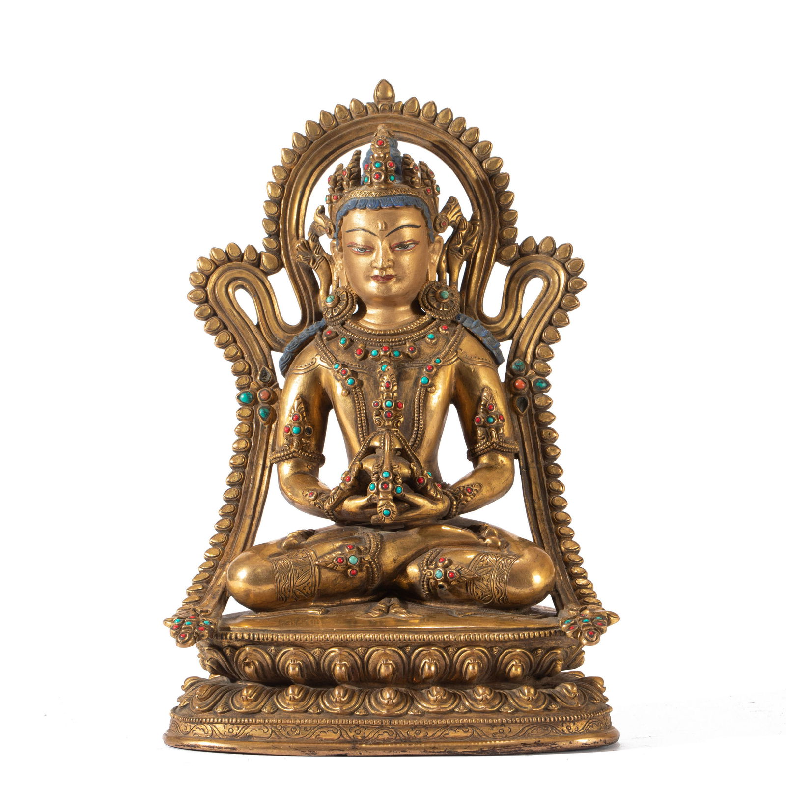 A HARDSTONES INLAID GILT BRONZE