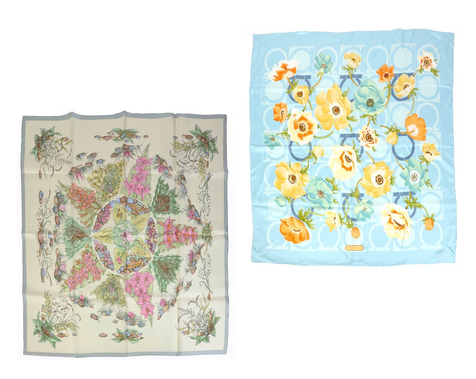 A HERMES SILK SCARF AND A FERRAGAMO
