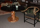 A HORNED VENEERED ARMCHAIR AND