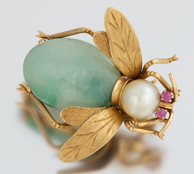 A Jade and Pearl Bee Brooch 14k