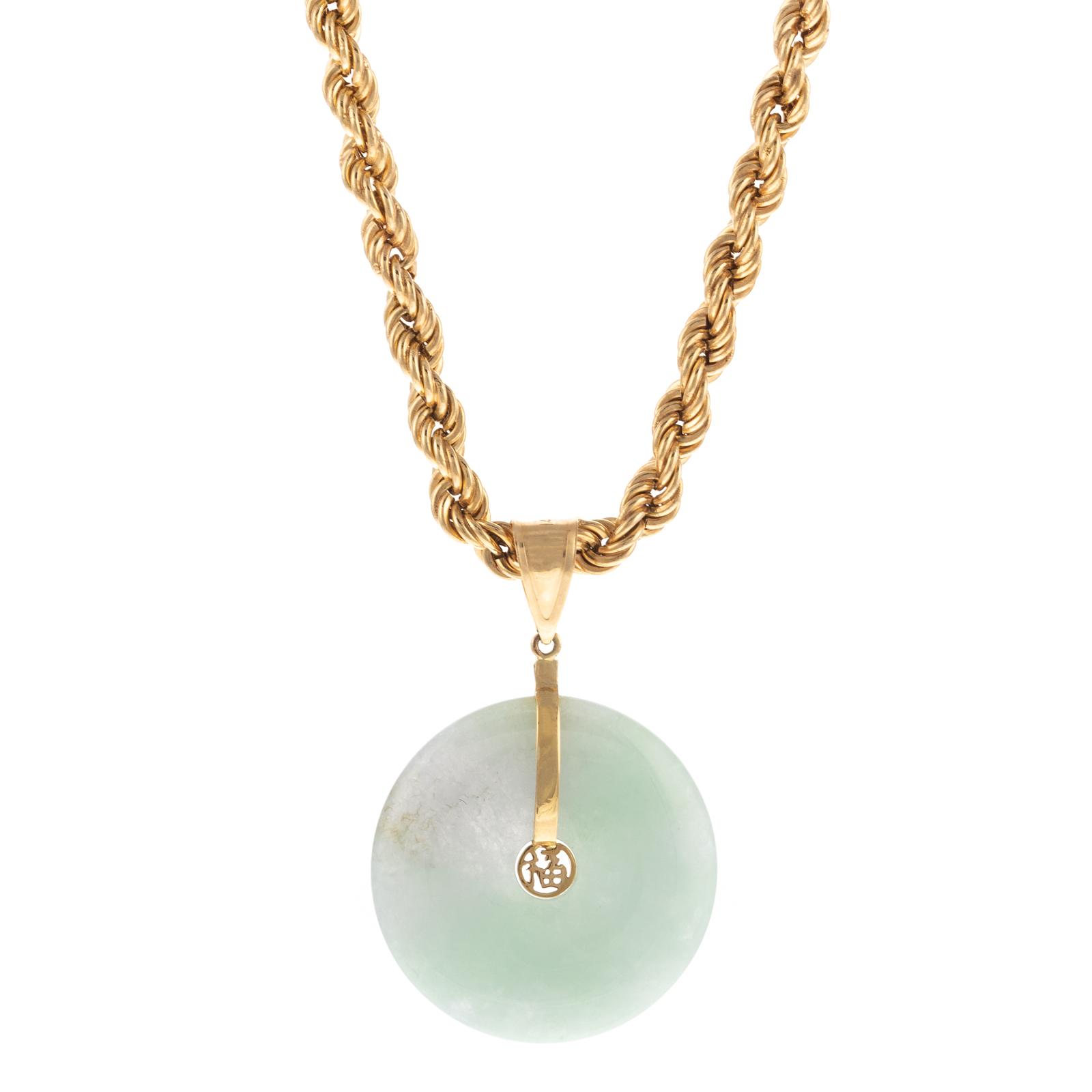 A JADE BI PENDANT & ROPE CHAIN IN