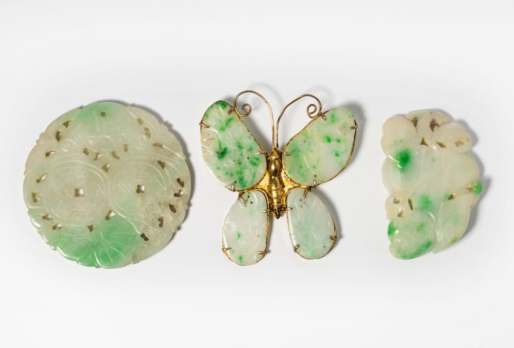 A JADE BUTTERFLY BROOCH AND TWO