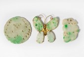 A JADE BUTTERFLY BROOCH AND TW