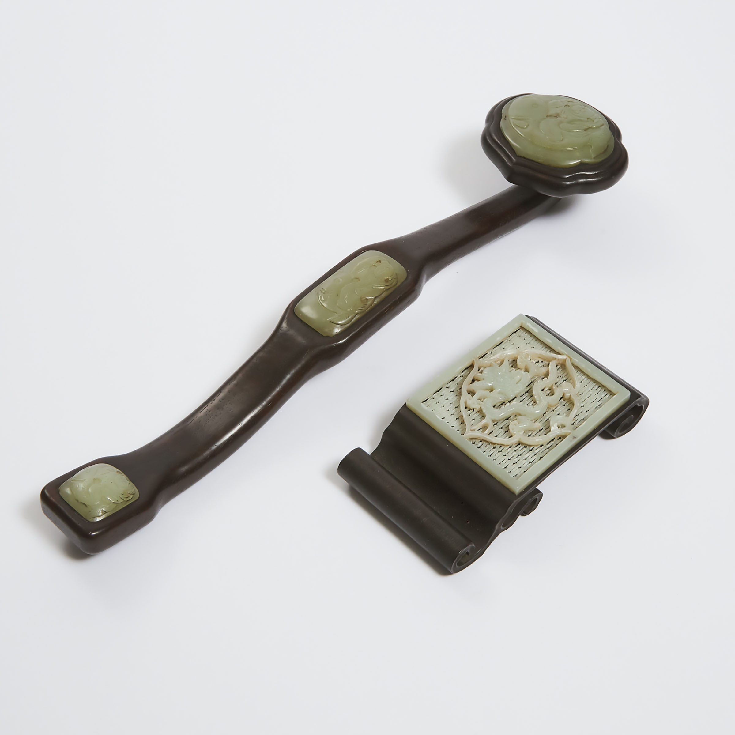 A Jade Inset Hardwood Ruyi Sceptre,