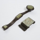 A Jade Inset Hardwood Ruyi Sce