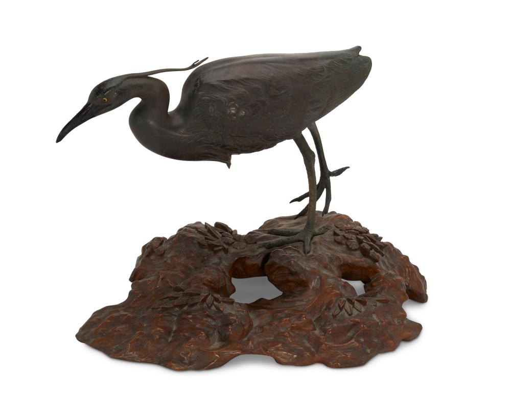 A JAPANESE BRONZE AND WOOD EGRET