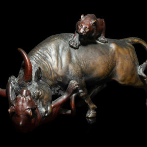 A Japanese Bronze Okimono of Two
