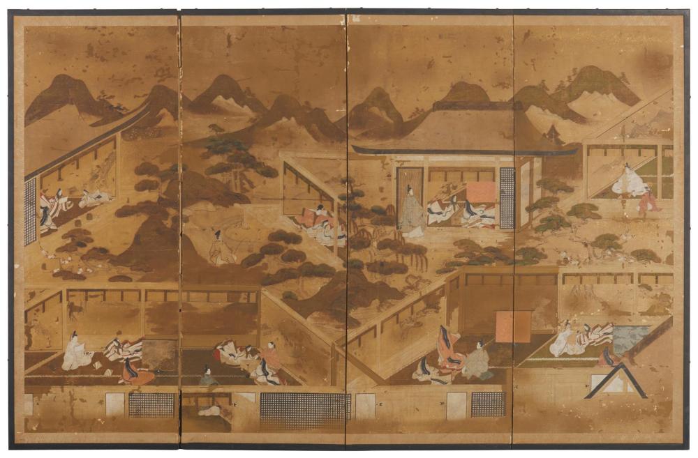A JAPANESE BYOBU FOLDING SCREENA