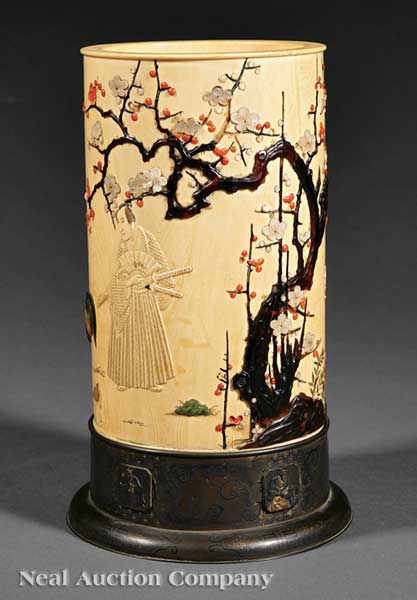 A Japanese Carved Ivory Brush Pot