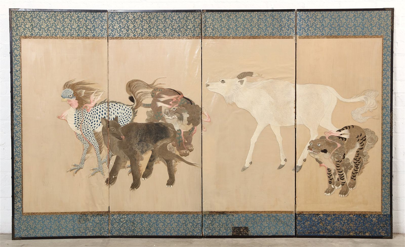 A JAPANESE EMBROIDERED SILK FOUR