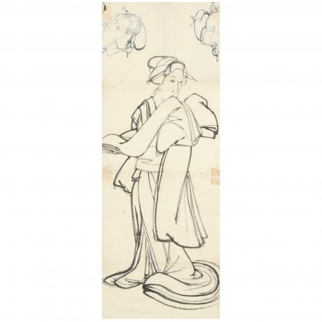 A JAPANESE INK PAINTING OF A GEISHA