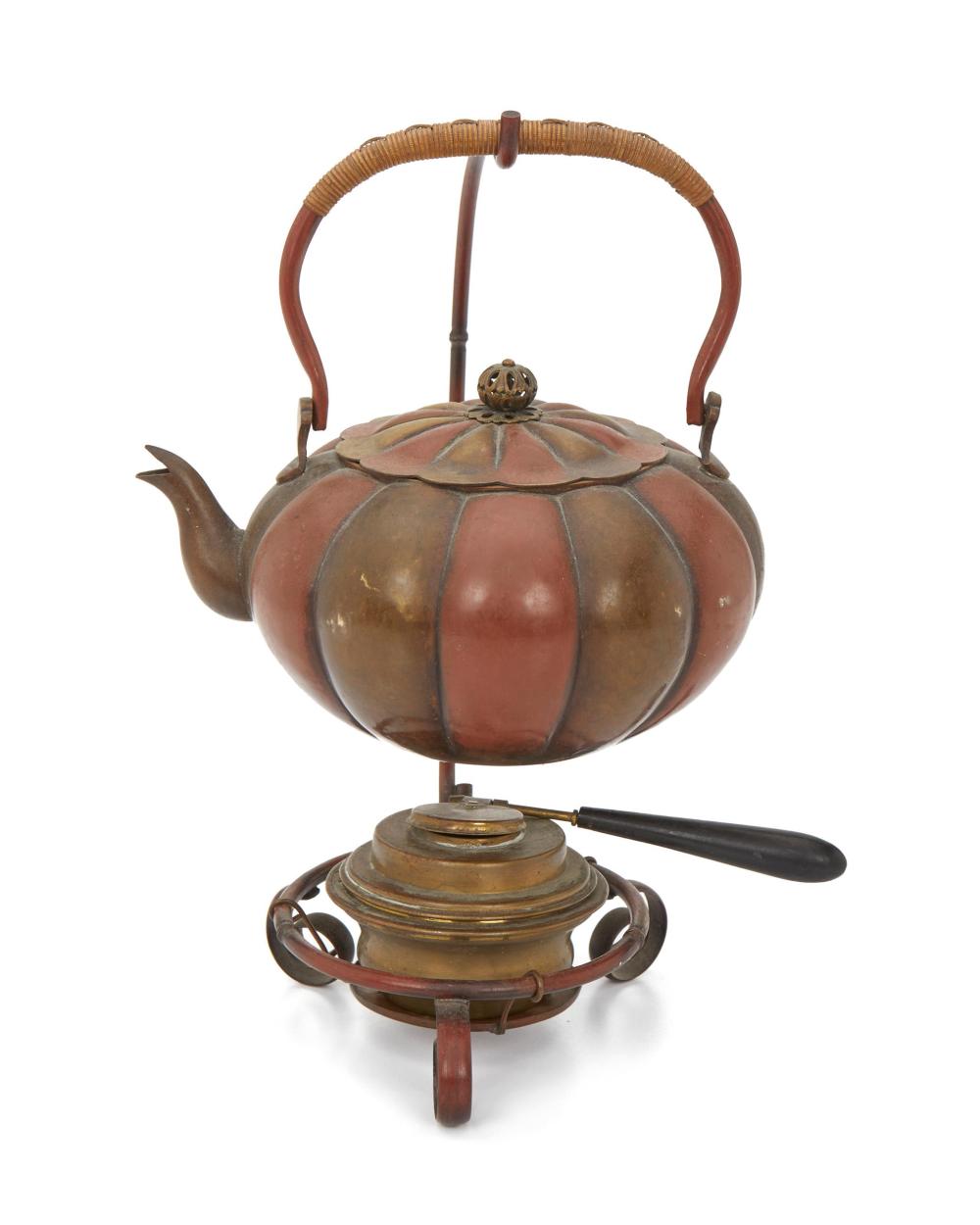 A JAPANESE METAL TEAPOT AND BURNERA