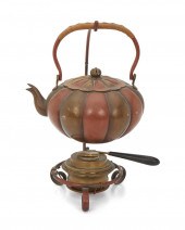 A JAPANESE METAL TEAPOT AND BU