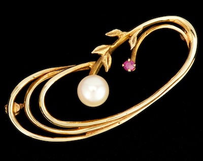 A Ladies' Pearl and Ruby Brooch 18k