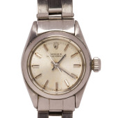 A LADIES STAINLESS STEEL ROLEX