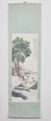 A LADY PAINTING HANGING SCROLL