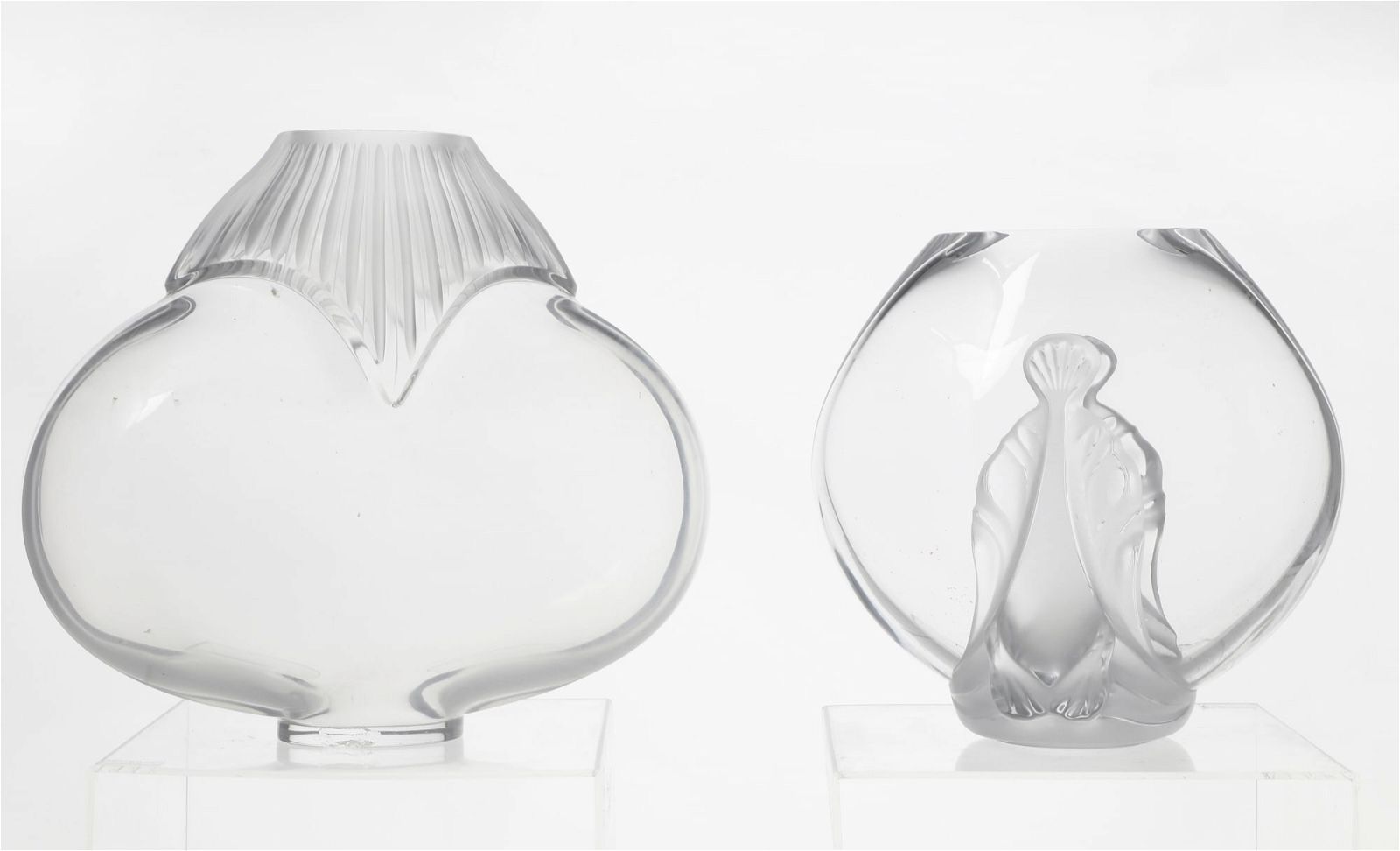 A LALIQUE GLASS VASE TOGETHER
