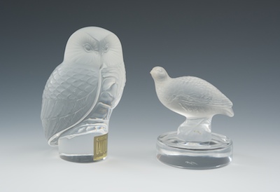 A Lalique Owl Ornament and Quail