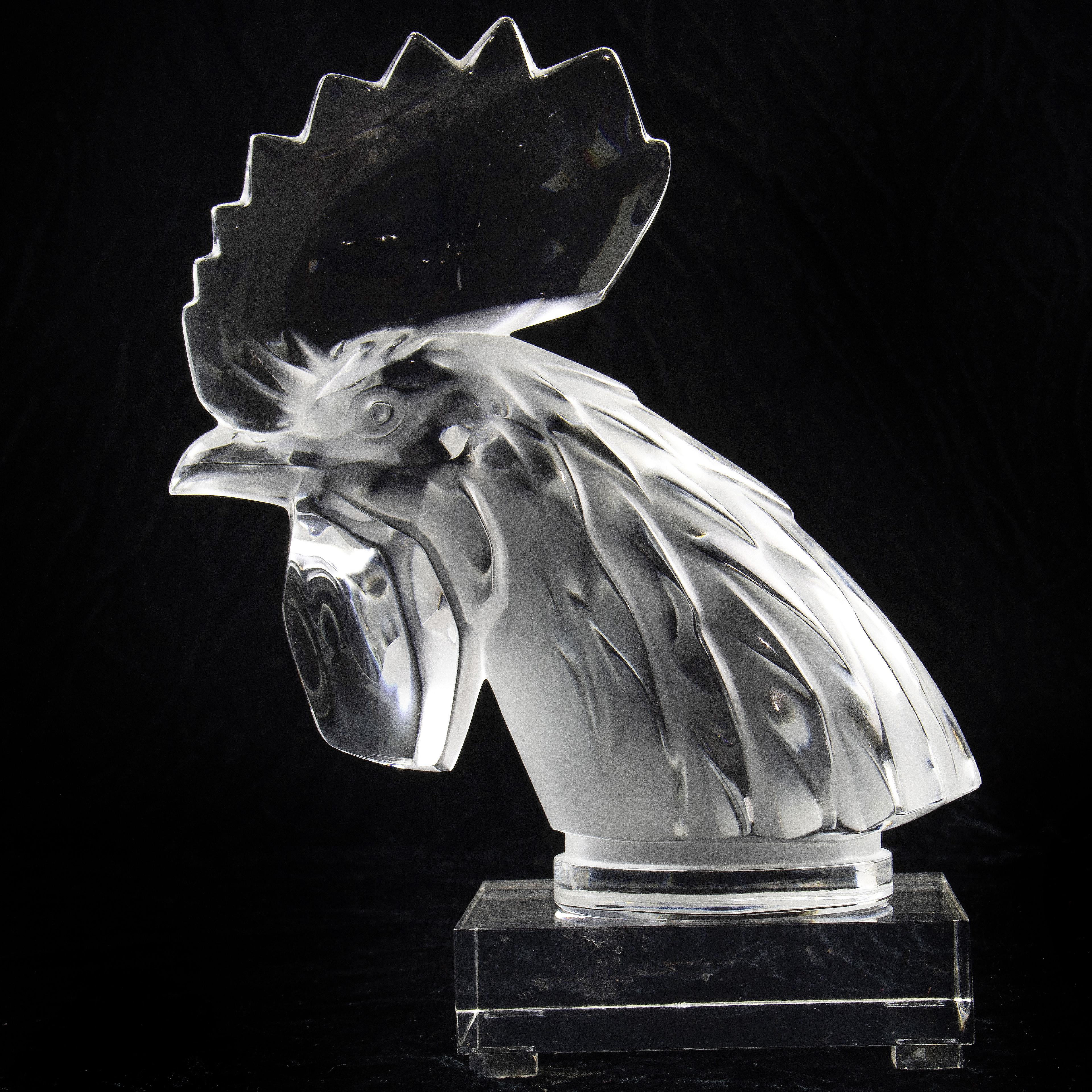 A LALIQUE ROOSTER HEAD MASCOT A