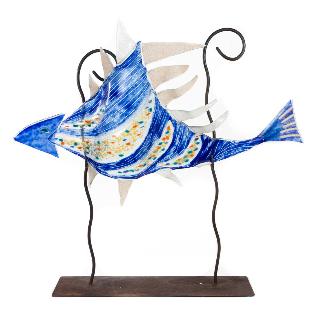 A LARGE ART GLASS FISH ON IRON