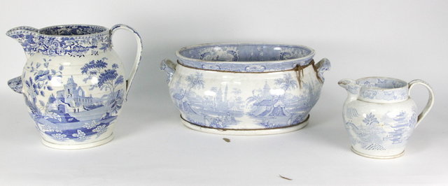 A large blue and white jug a blue