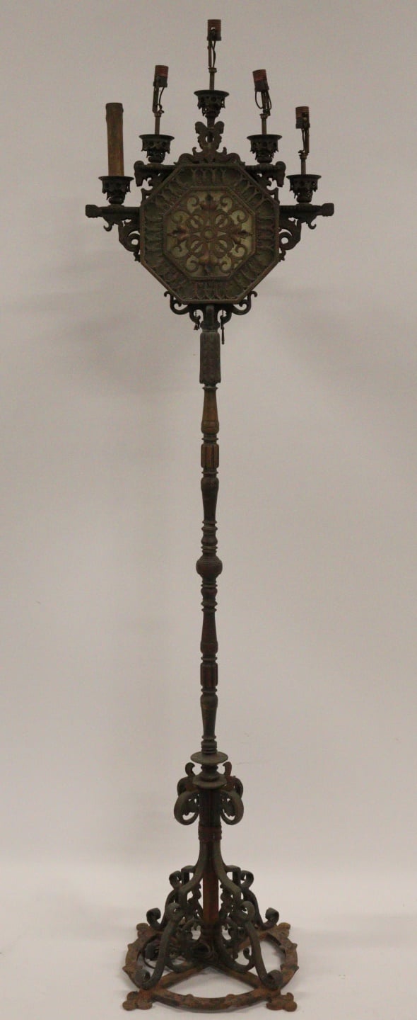 A LARGE BRONZE & IRON FLOOR LAMP